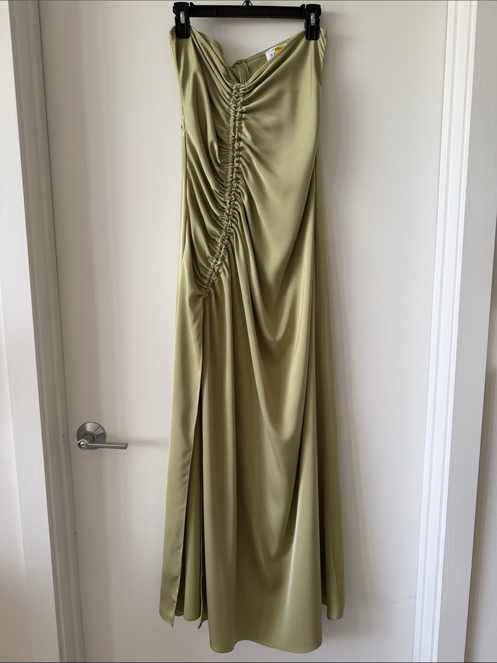 Sabo Skirt Olive Green Ruched Satin Maxi Dress